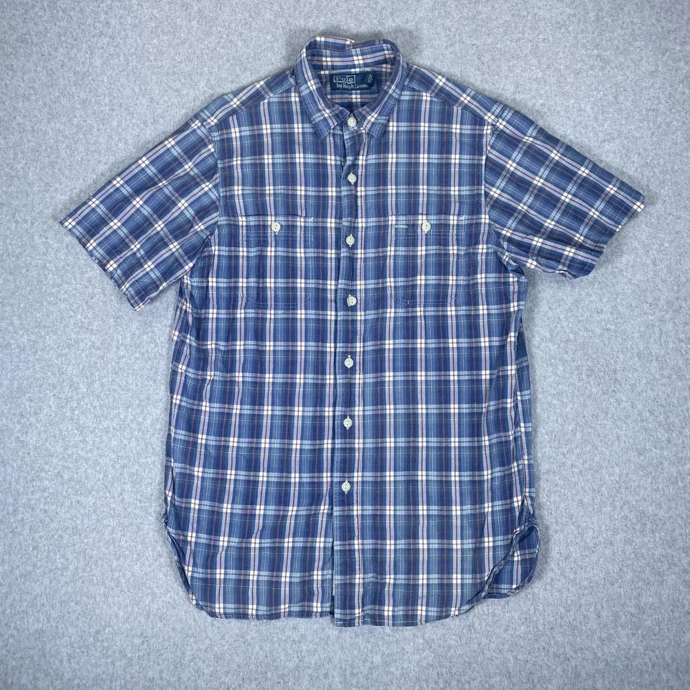Polo Ralph Lauren Button Down Shirt Mens M Blue Plaid Short Sleeve Naval Patch